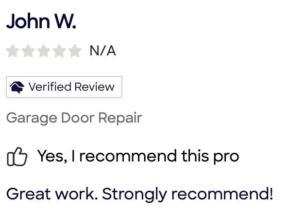 Online review for a garage door repair service by John W., rated N/A with a verified review badge, including a thumbs-up and positive comments about the service.
