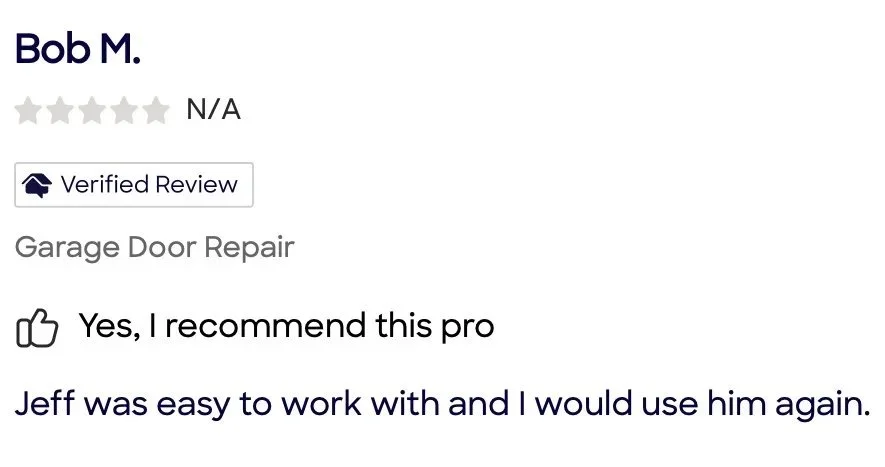 Online review for garage door repair service by Bob M. with 5-star rating, verified review badge, positive comment about contractor Jeff.