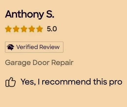 Review by Anthony S., 5-star rating, verified review, Garage Door Repair, thumbs-up, recommendation.