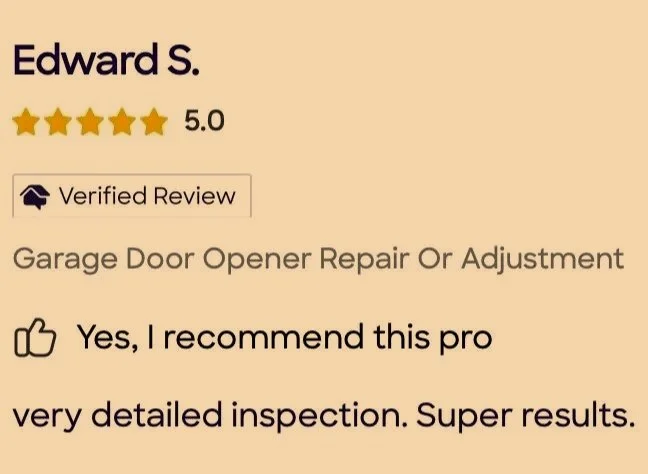 Online review for a garage door opener repair or adjustment by Edward S., rated 5 stars, verified review, with a recommendation stating detailed inspection and excellent results.