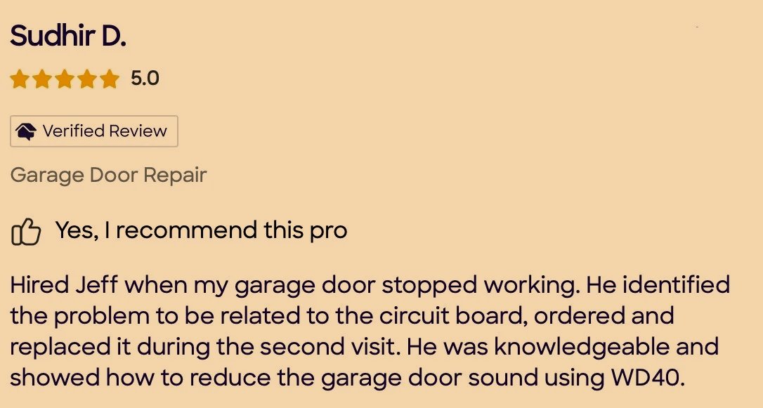 Customer review for garage door repair, 5-star rating, positive feedback about technician named Jeff.