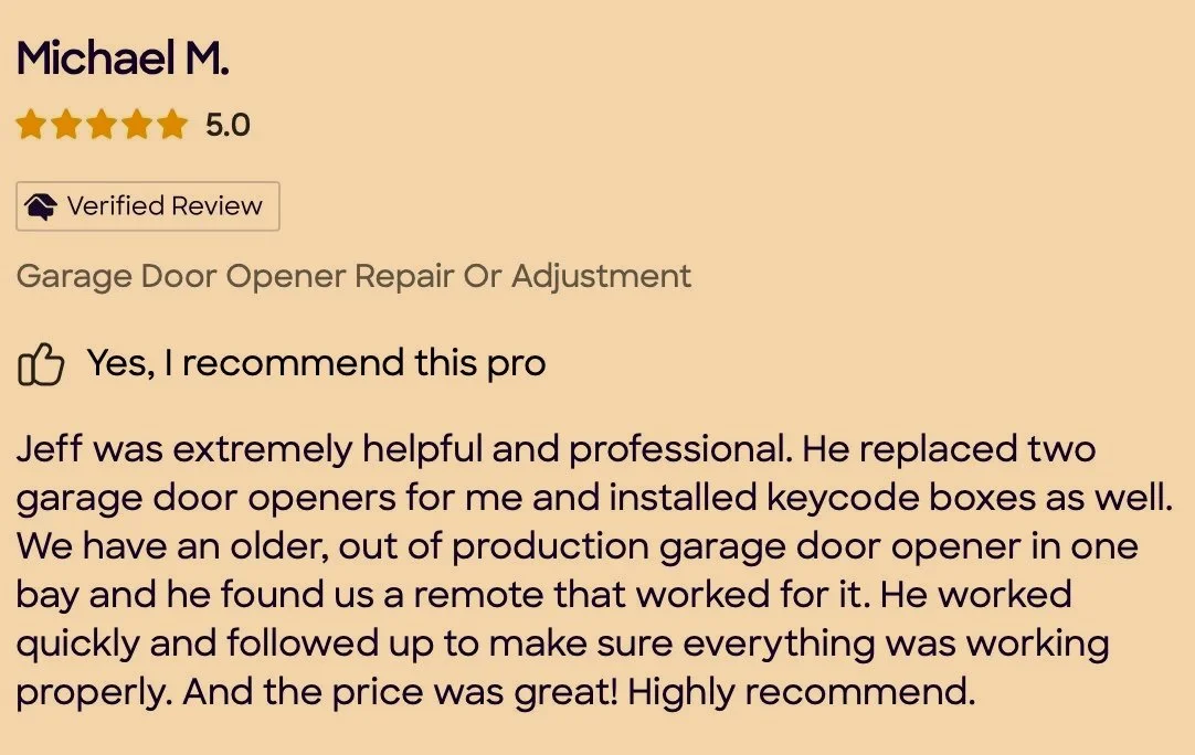Online review for garage door repair by Michael M., showing a 5-star rating, with positive comments about professional service and work quality.