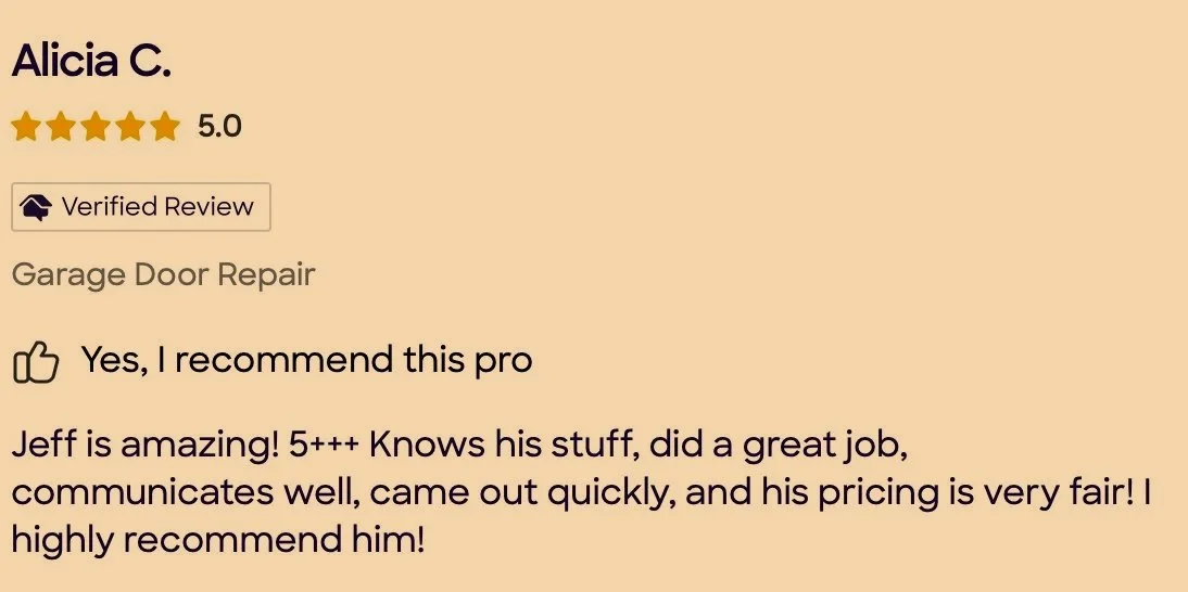 Online review for a garage door repair service by Alicia C., rated 5 stars, verified review, positive feedback about technician Jeff.
