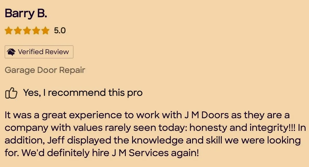 Review for J M Doors by Barry B., 5-star rating, mentions garage door repair and positive experience with the company.