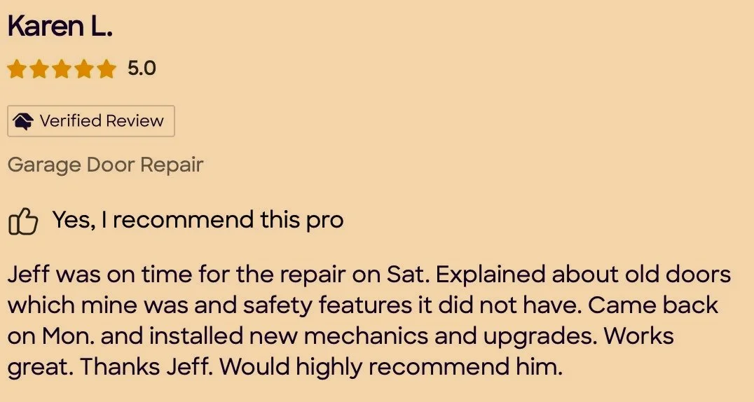 Customer review for garage door repair service, five-star rating, with positive feedback about punctuality and quality of work.