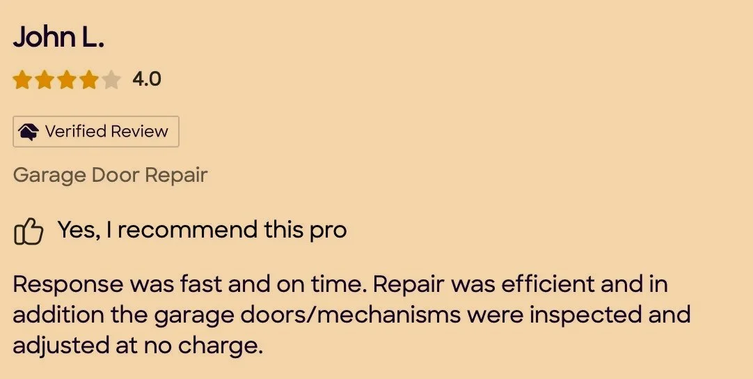 Online review for a garage door repair service by John L., rated 4 stars. The review states that response was fast and on time, repair was efficient, and garage door mechanisms were inspected and adjusted at no charge.