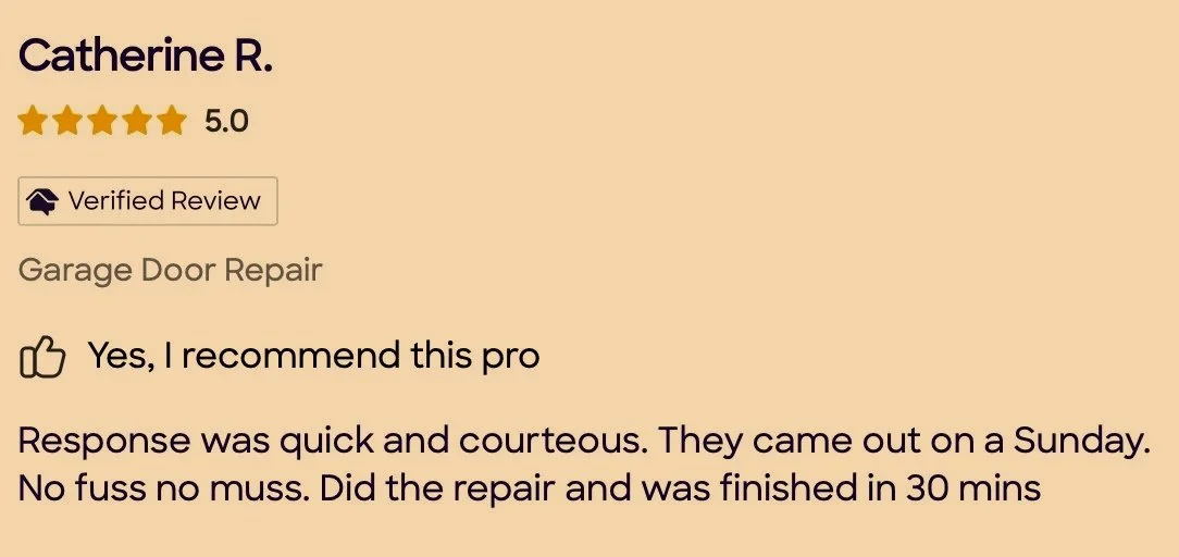 Customer review for a garage door repair service, five-star rating, positive feedback on quick and courteous response, repair completed in 30 minutes.