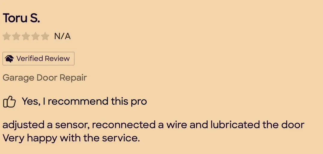 Review for garage door repair professional recommending service after adjusting a sensor, reconnecting a wire, and lubricating the door.