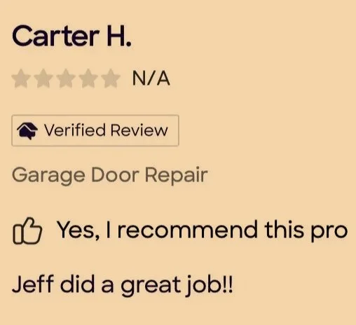 Online review for a garage door repair service by Carter H., with a five-star rating, verified review badge, and comments praising Jeff's work.