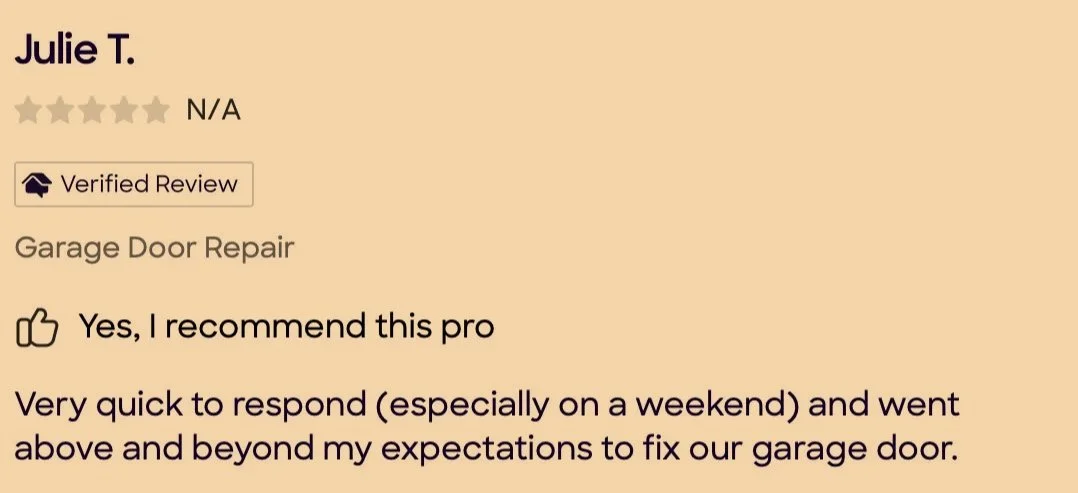 Screenshot of a review for a garage door repair service, showing the customer's name Julie T., a verified review badge, and a positive testimonial about quick and satisfactory service.