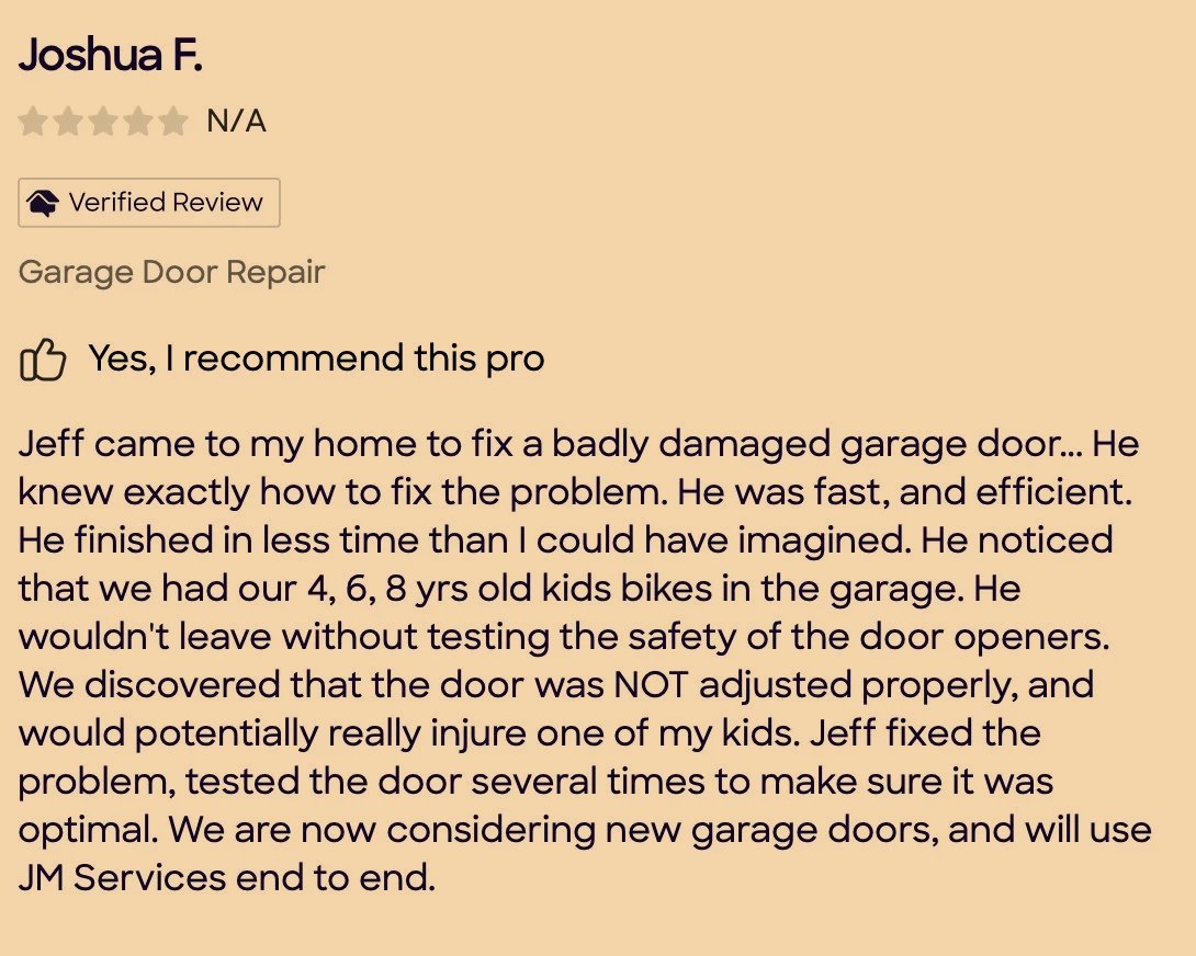 Customer review for garage door repair service with five-star rating, mentioning professional, efficient service, and safety testing.
