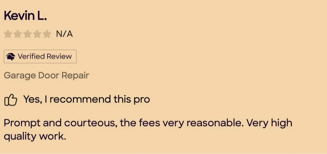 Online review for Kevin L., a garage door repair professional, with a five-star rating, verified review badge, positive comment about service, and praise for reasonable fees and quality work.