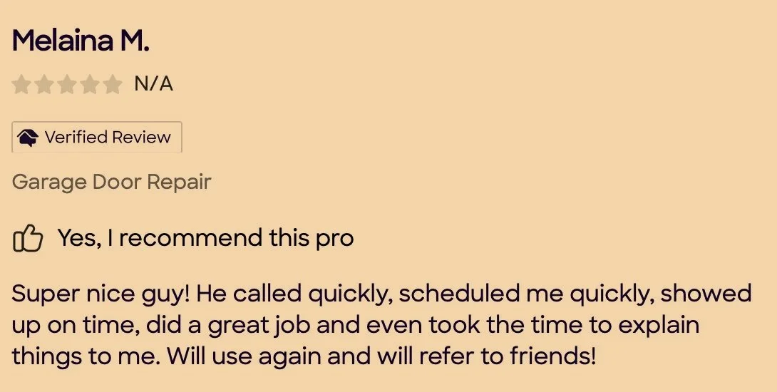 Review for a garage door repair professional, favorably describing quick scheduling, good communication, and quality work.