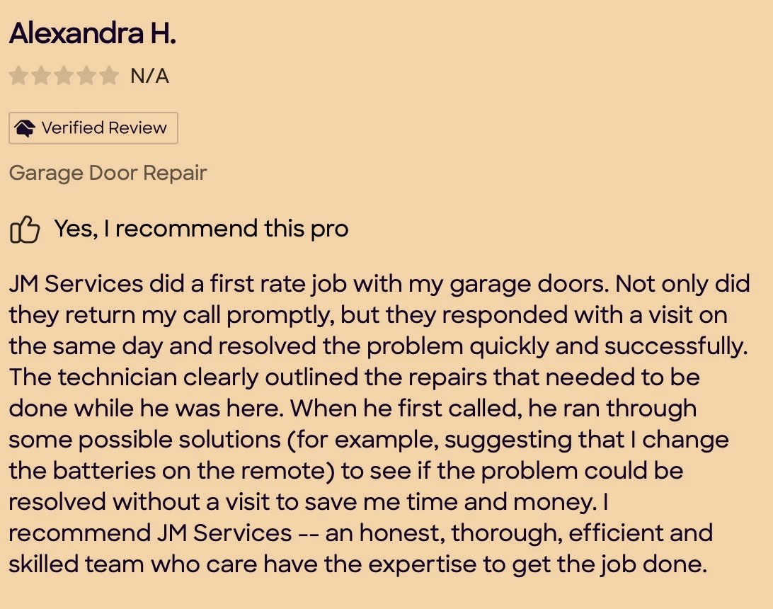 Online review for garage door repair by Alexandra H., praising JM Services for their prompt, efficient, and thorough work.