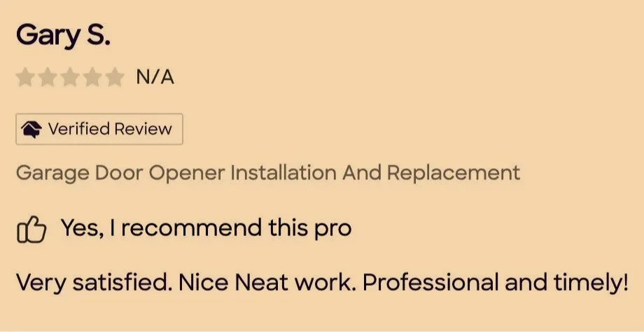 Review for Gary S. about garage door opener installation and replacement, rated five stars, with positive comments.