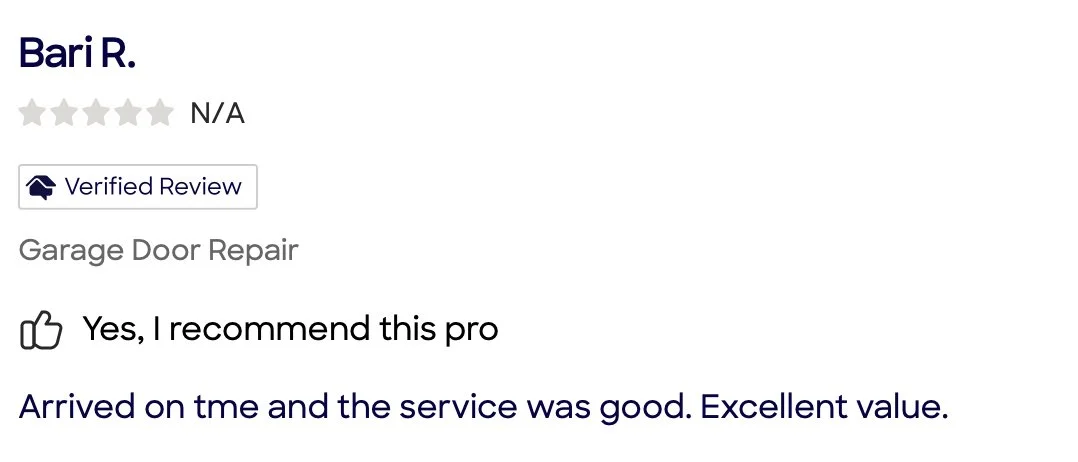 Online review for a garage door repair service, with a five-star rating, verified badge, positive comment, and customer feedback about the service quality.