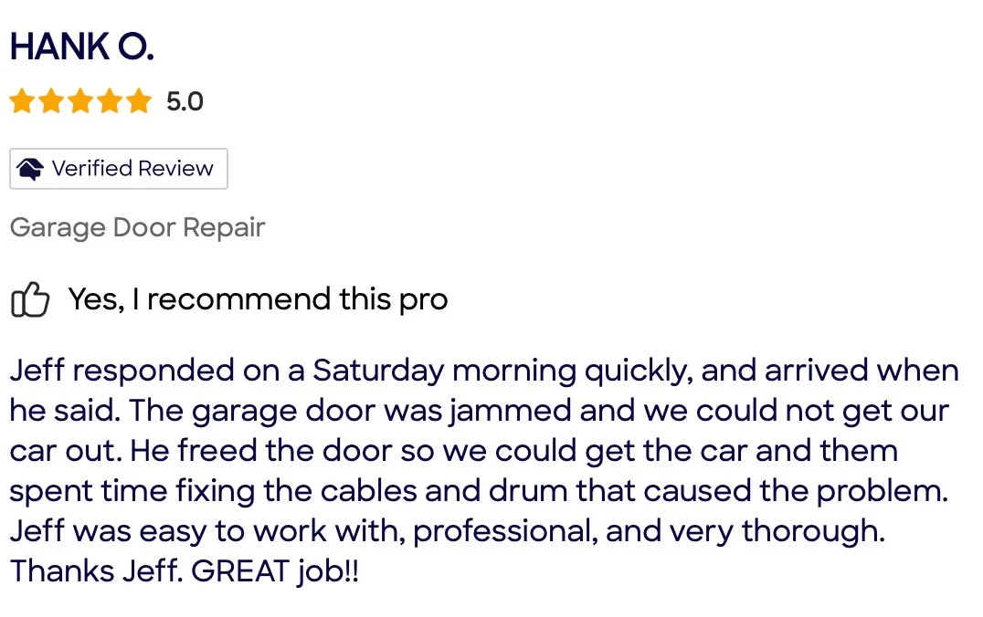 Customer review for garage door repair service, praising Jeff for quick, professional, and thorough work.
