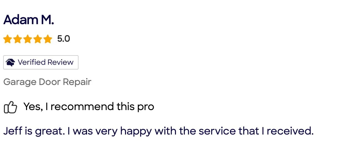 Review for garage door repair service by Adam M. with a 5-star rating, verified review, and positive comment about technician Jeff.