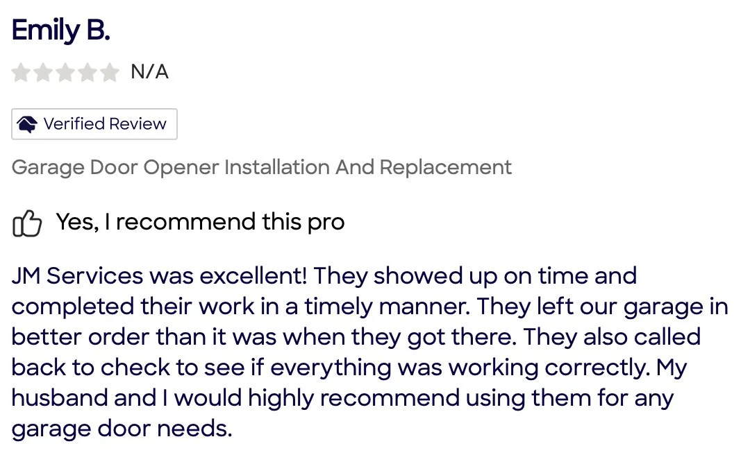 Review for Emily B. recommending JM Services for garage door opener installation and replacement, with positive feedback about punctuality and quality of work.