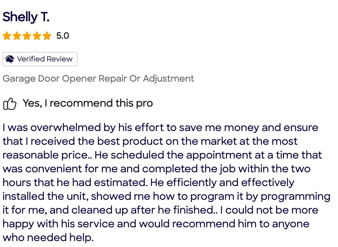 Review for a garage door opener repair or adjustment service, with a 5-star rating and positive feedback.