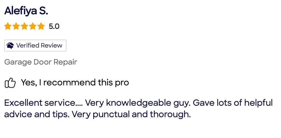 Customer review for garage door repair service with a 5-star rating, verified review badge, customer name Alefiya S., positive feedback on professionalism, knowledge, helpful advice, punctuality, and thoroughness.