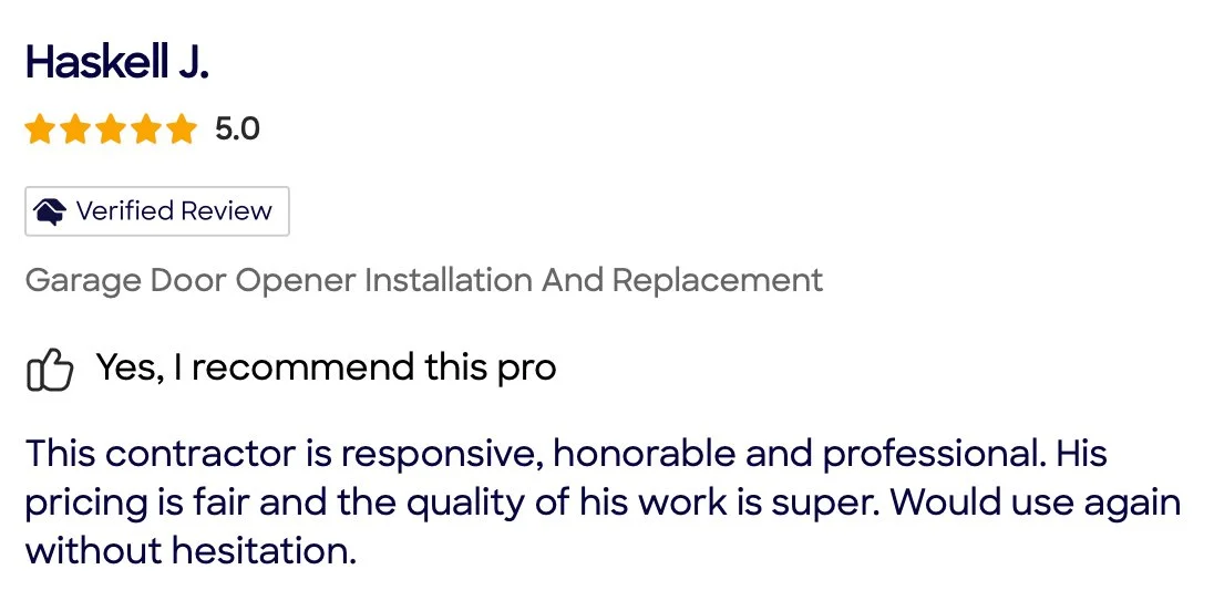 Customer review for garage door opener installation service. Five-star rating, verified review, positive feedback praising responsiveness, professionalism, and quality of work.