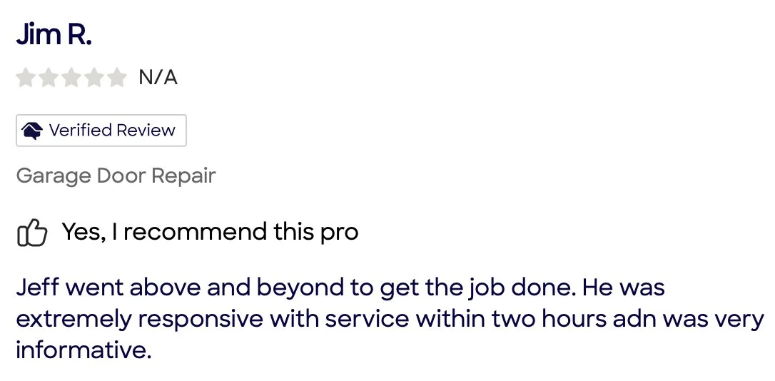 Online review for a garage door repair service.
