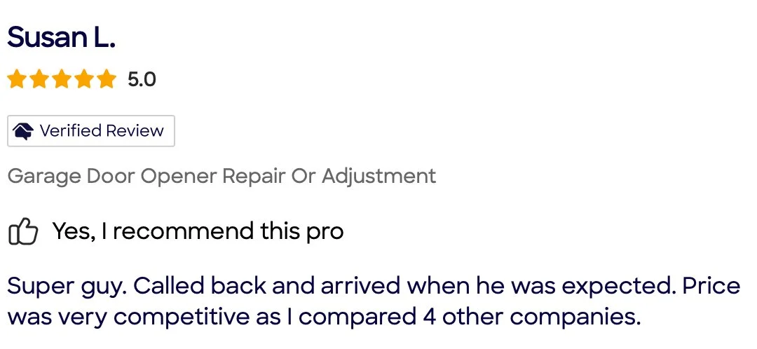 Customer review for garage door opener repair service, with five-star rating and positive feedback.