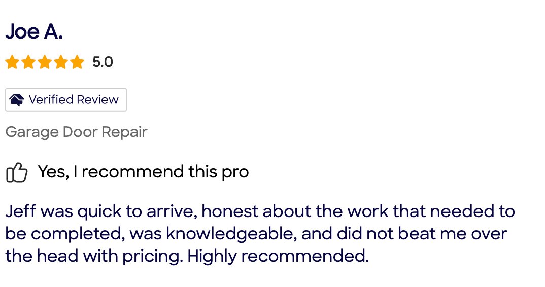 Google review for a garage door repair service, five stars, verified review, customer named Joe A., positive feedback about the technician Jeff.