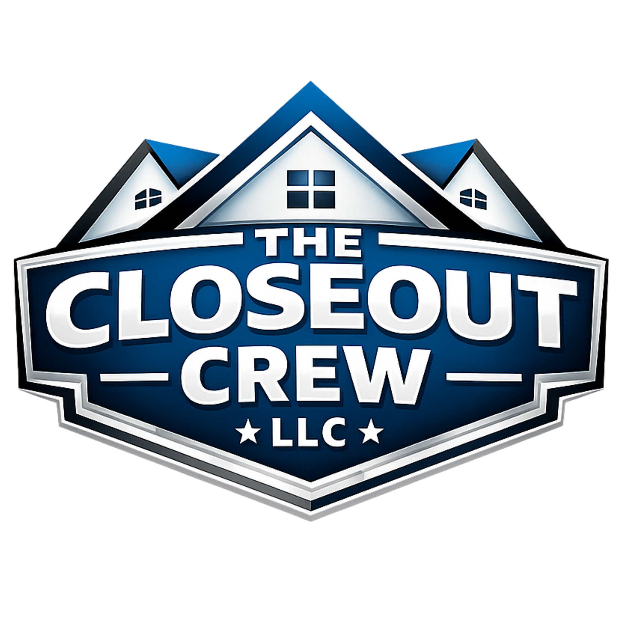 A logo for The Closeout Crew LLC featuring a house with blue roofs and windows, and bold white and blue text.