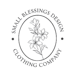 A circular logo with the text 'Small Blessings Design Clothing Company' around the border and a line drawing of a flower in the center.