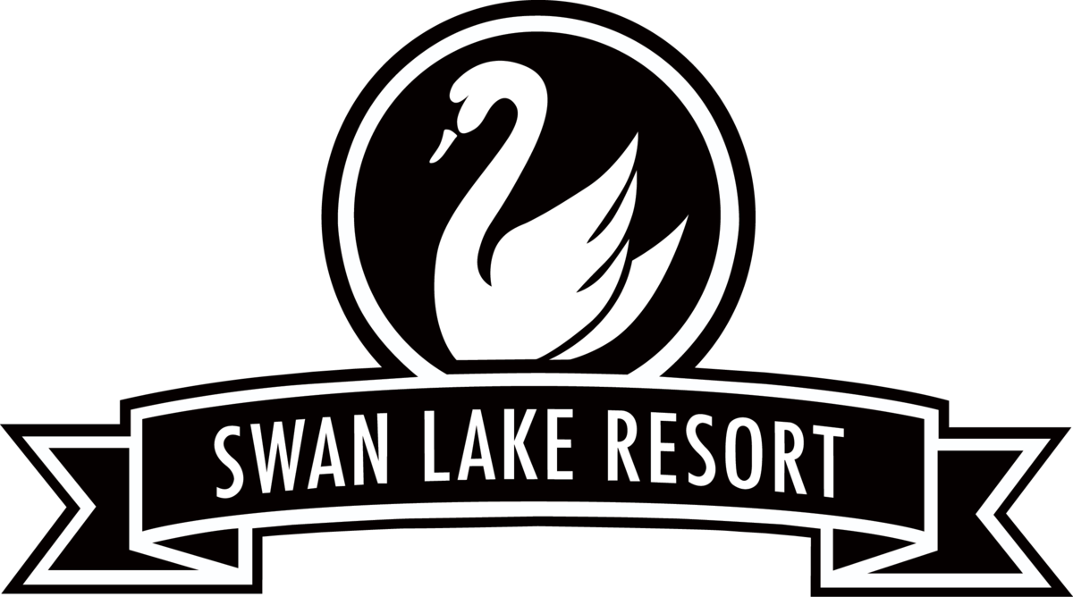 Black and white logo of Swan Lake Resort with a swan illustration inside a circle and a banner beneath reading 'Swan Lake Resort'.