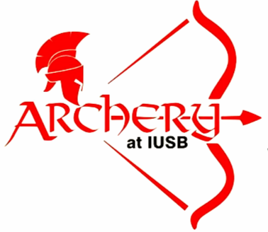 Logo for Archery at IUSB featuring a red helmet, red bow, and arrow.