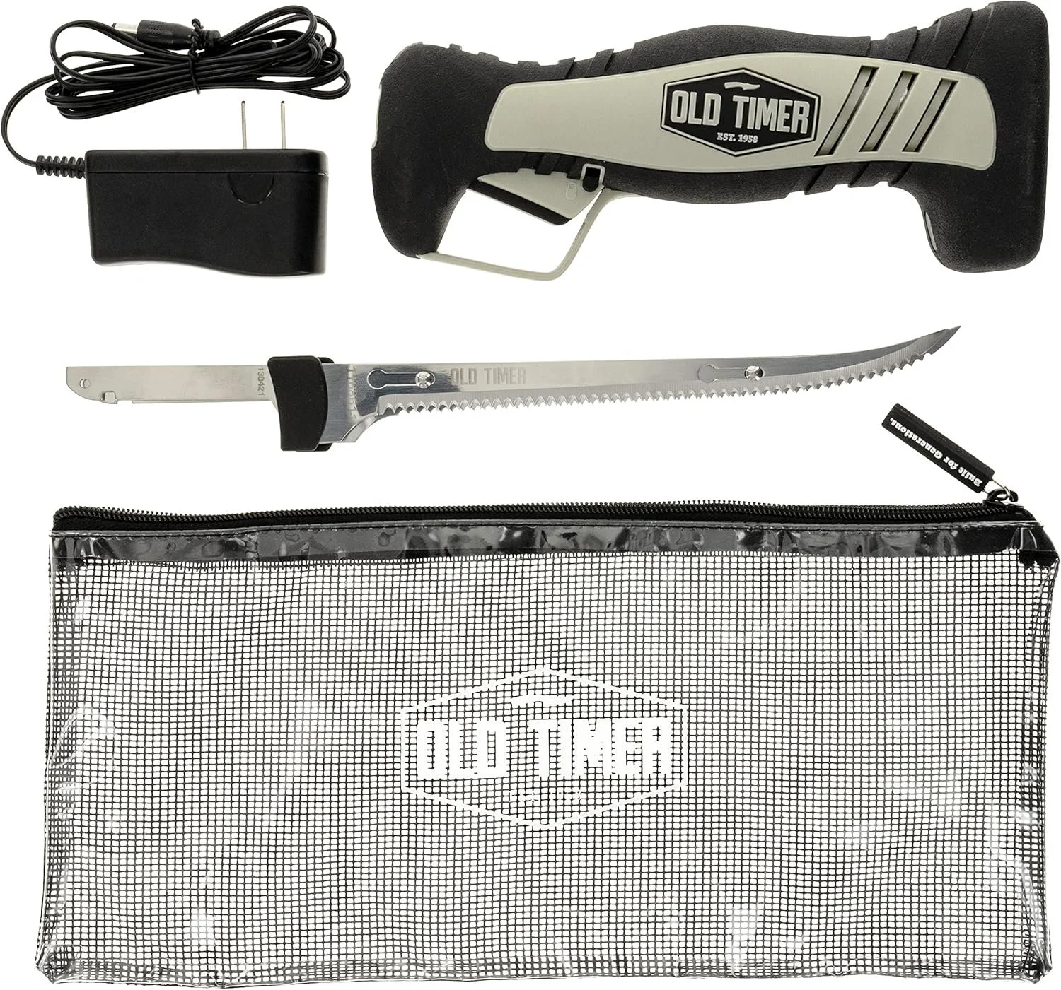 A collection of tools including a handheld electric saw, a serrated hand saw, a power cord with a plug, a black casing, and a metallic zippered storage case.