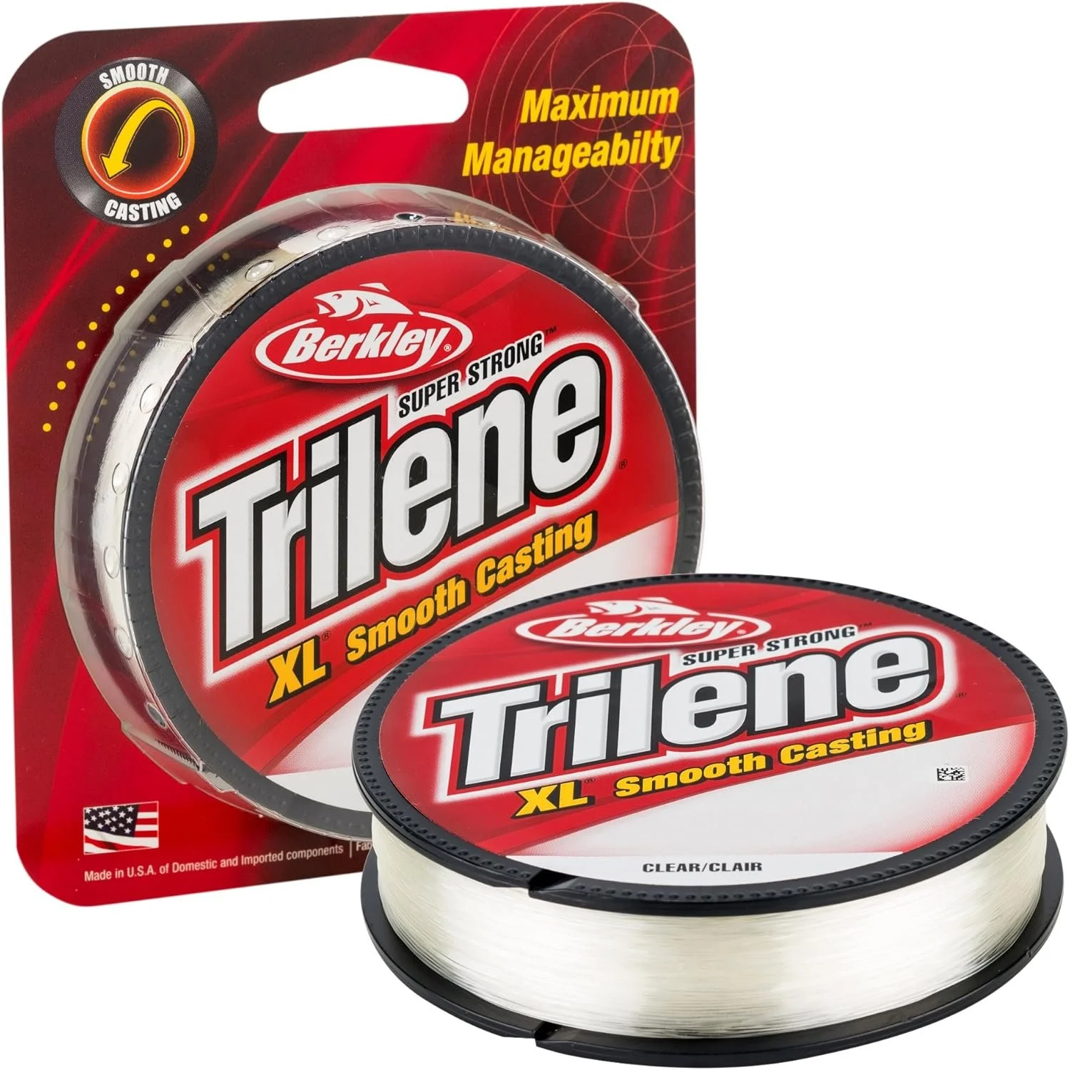 Red packaging of Berkley Trilene XL smooth casting fishing line with a spool of clear fishing line in front.