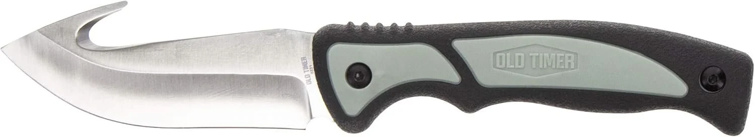 A folding pocket knife with a curved blade and a black and gray handle.