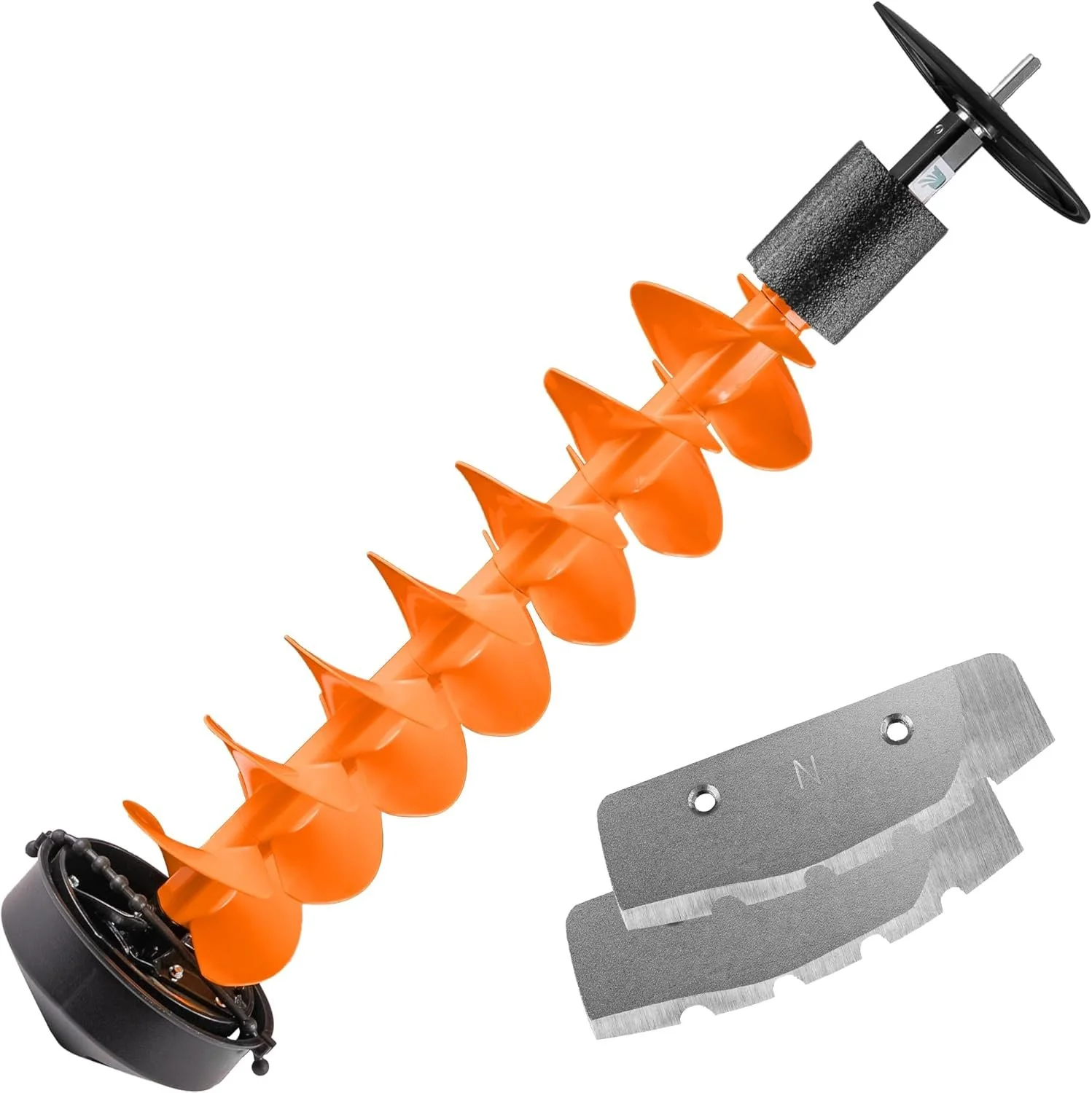 An orange and black ice auger with a metal blade and a handle, used for drilling holes in ice, isolated on a white background.
