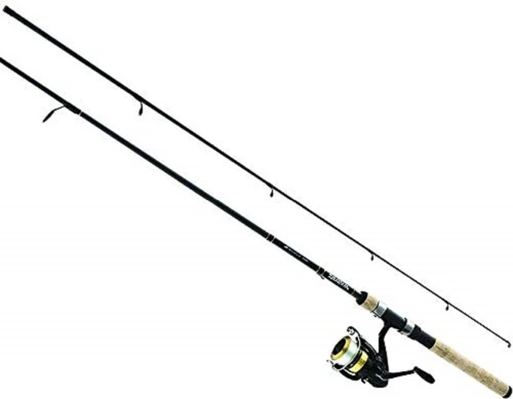 Fishing rod with reel and line extending outward.
