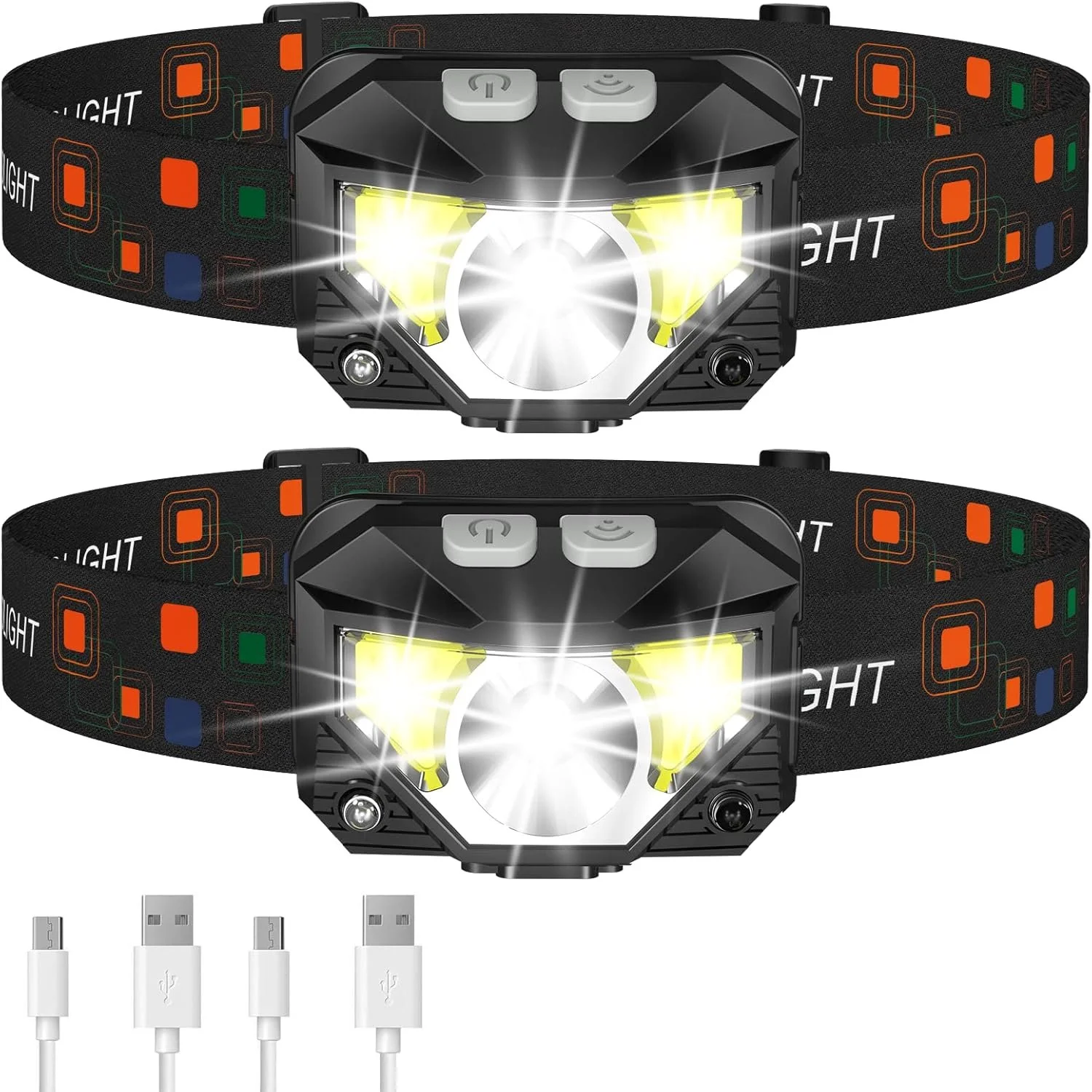Two black LED headlamps with adjustable straps, bright white and yellow lights, and USB charging cables.
