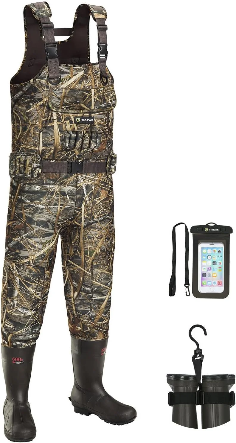 Camouflage hunting outfit with waders, a waterproof phone case with lanyard, and binoculars.