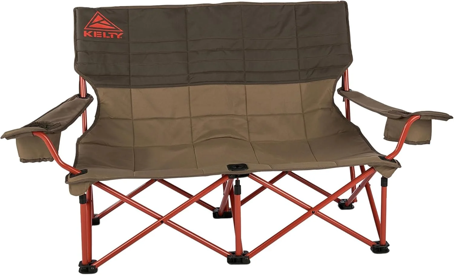 A portable folding camping chair with a brown fabric seat and armrests, supported by a red metal frame, featuring the Kelty logo in red on the top left corner.