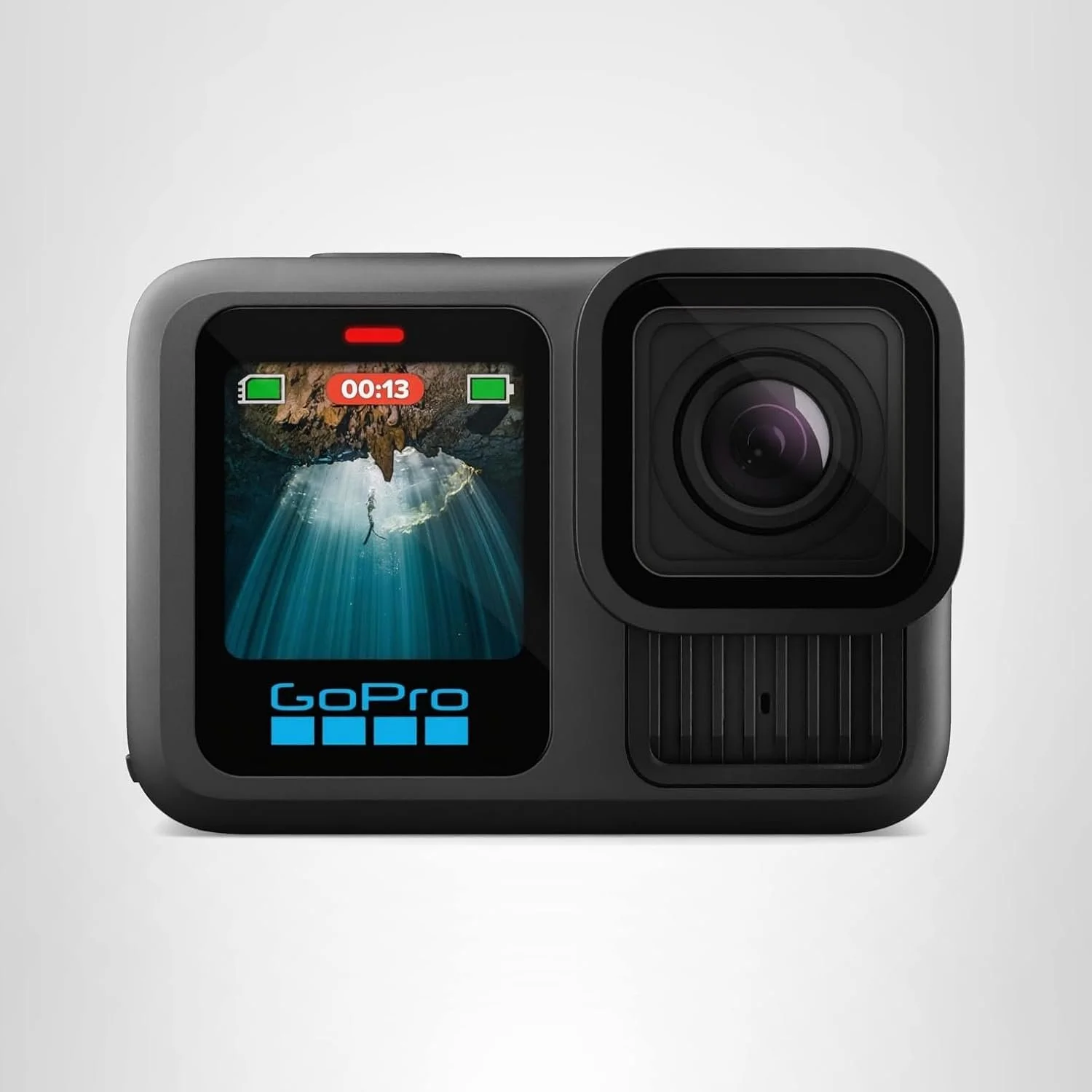 Black GoPro action camera with a front-facing display showing underwater scene, time elapsed, and battery icons against a plain background.