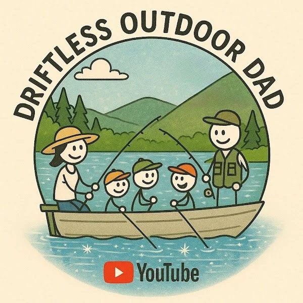 Illustration of a family fishing in a boat on a lake with mountains in the background, titled 'Driftless Outdoor Dad' and a YouTube logo below.