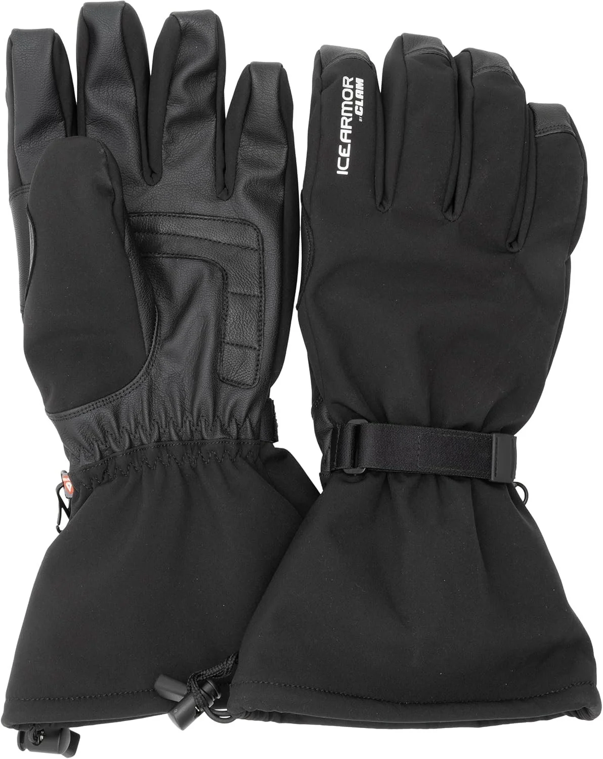 Pair of black winter gloves, one with leather palm and the other with fabric, both with adjustable wrist straps.