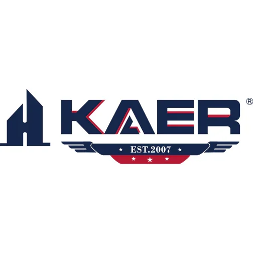 Logo with the text 'KAER' in bold letters, featuring a stylized 'A' and an American patriotic color scheme with stars and stripes, and the phrase 'EST. 2007'.