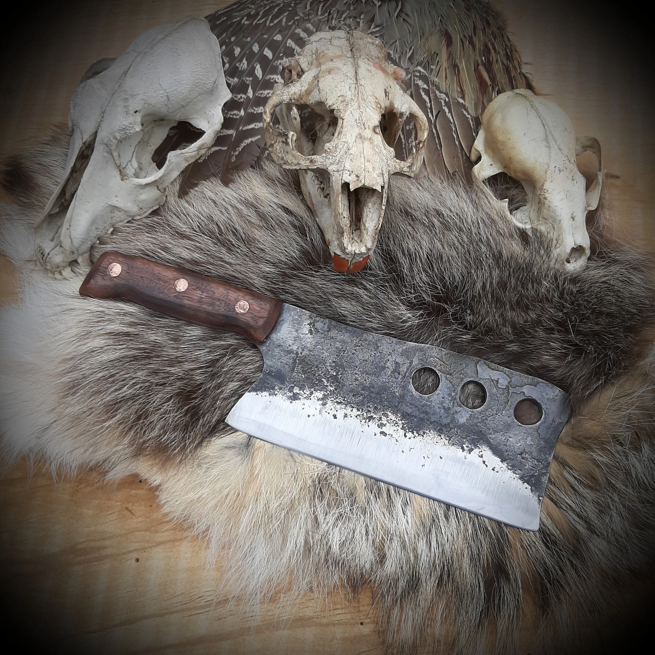 Animal skulls, a knife, feathers, and fur arranged on a wooden surface.
