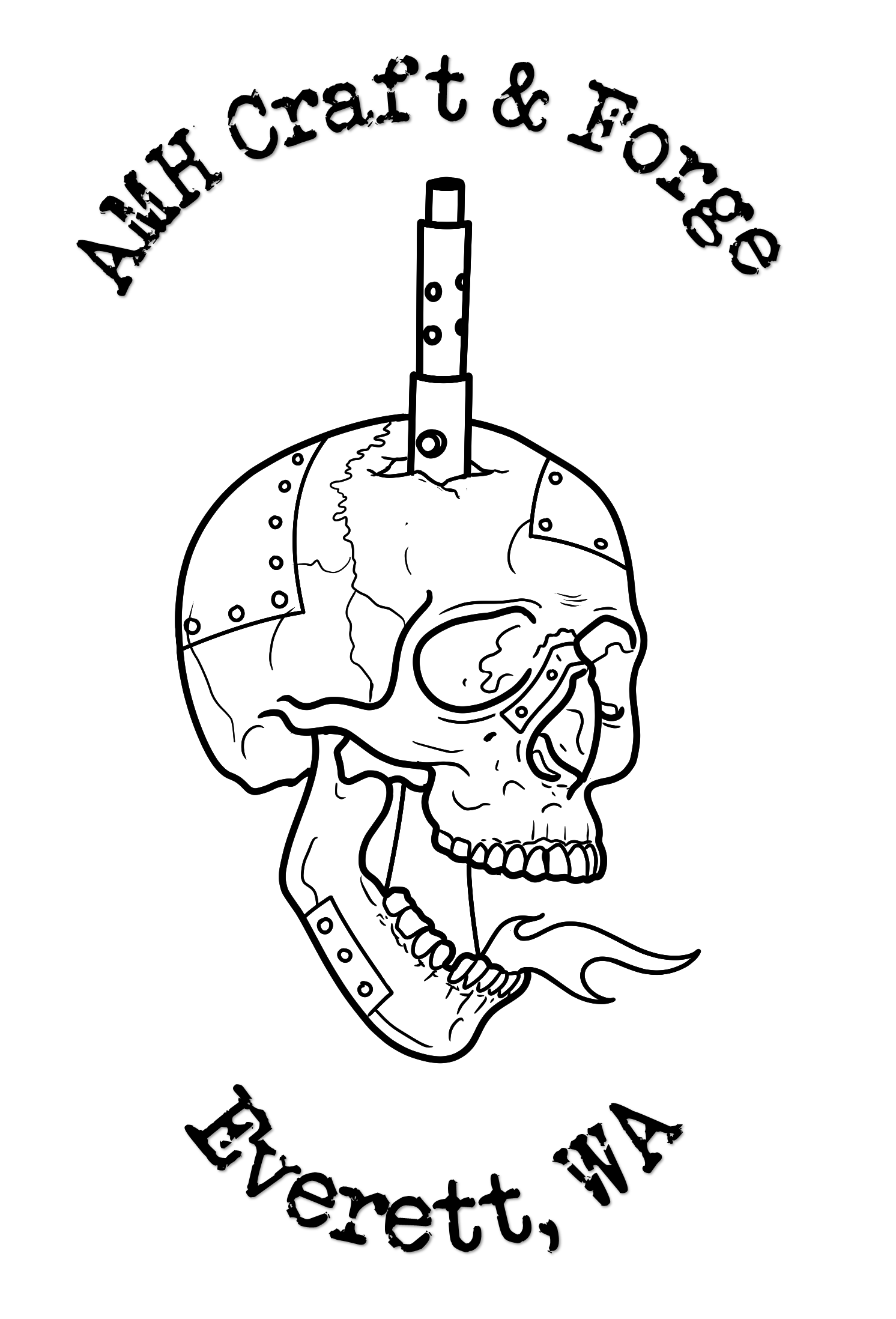 Black and white illustration of a human skull with a pipe through the top, emitting smoke. The skull is decorated with mechanical elements and has the text "Art, Craft & Forge" above and "Everett, WA" below, in a stylized font.