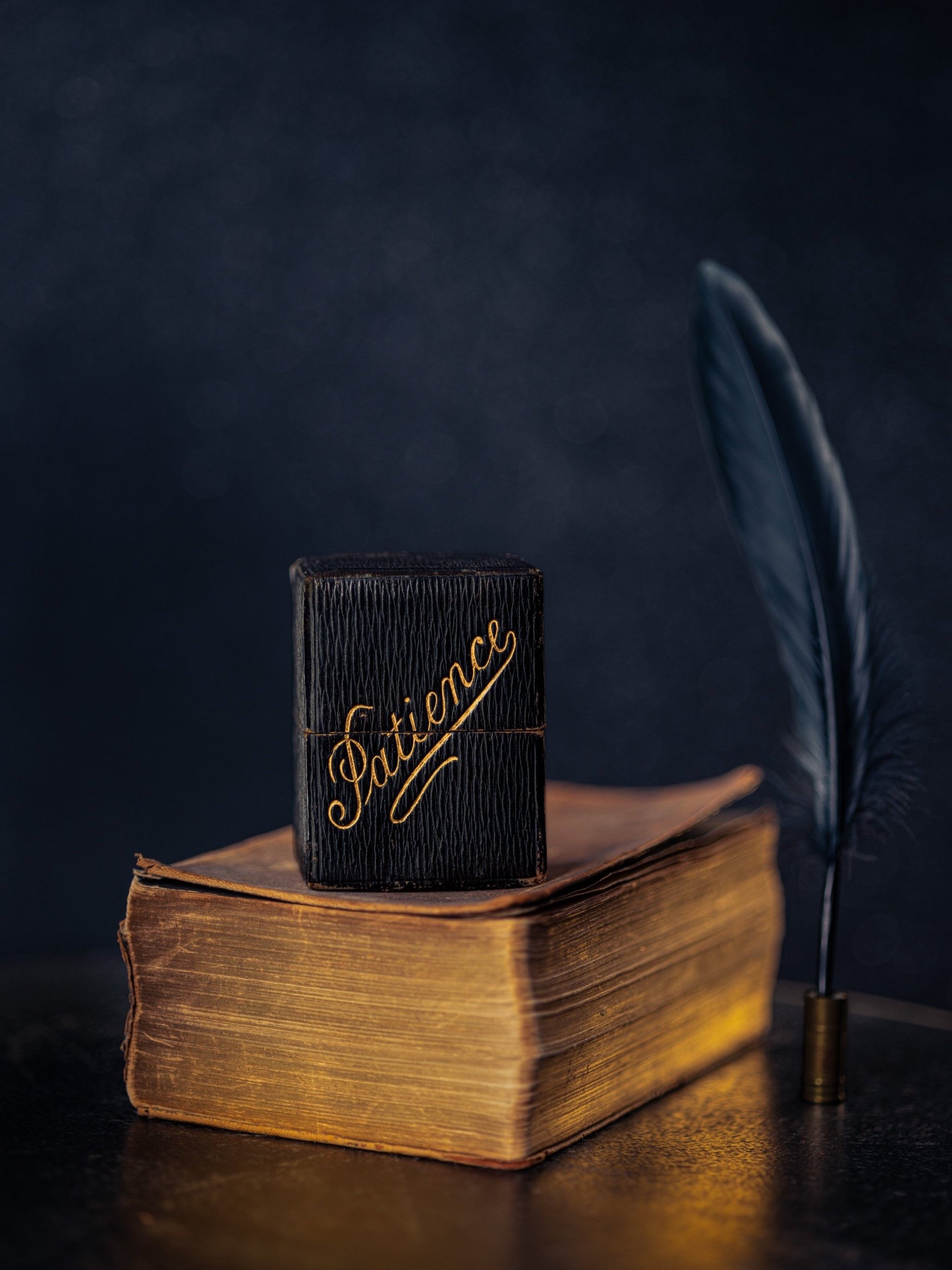 A vintage book with yellowed pages, a small black leather box with the word 'Patience' written in gold cursive lettering on top, a black feather quill pen in a brass holder placed beside the book, all set against a dark background.