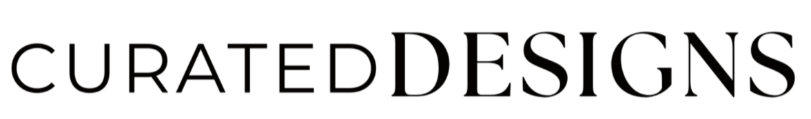 Text that reads 'Curated Designs' in black against a white background.