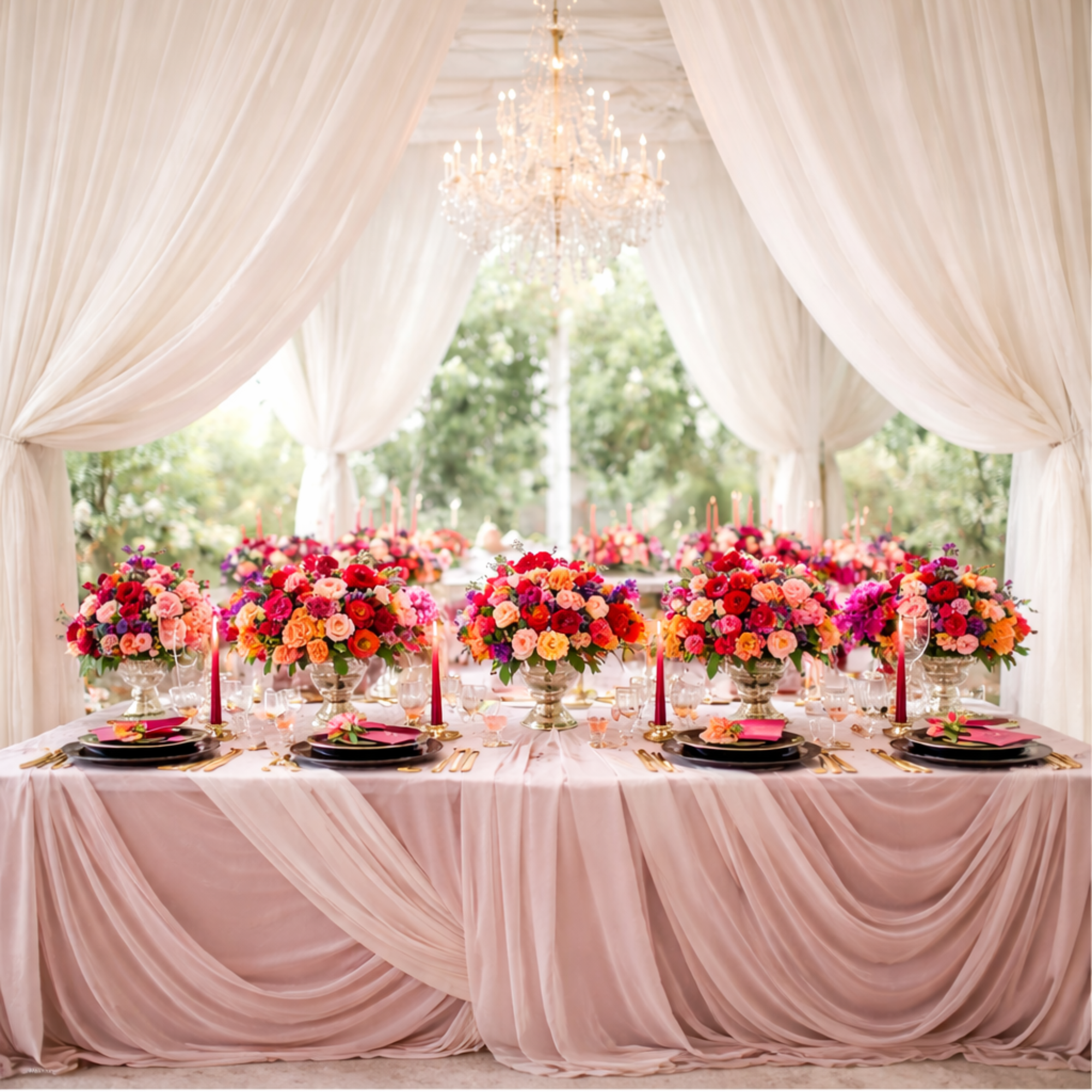 Elegant outdoor wedding reception table decorated with pink and red floral centerpieces, pink draped tablecloth, candles, and black and gold dinnerware under a chandelier, with white curtains and greenery outside.